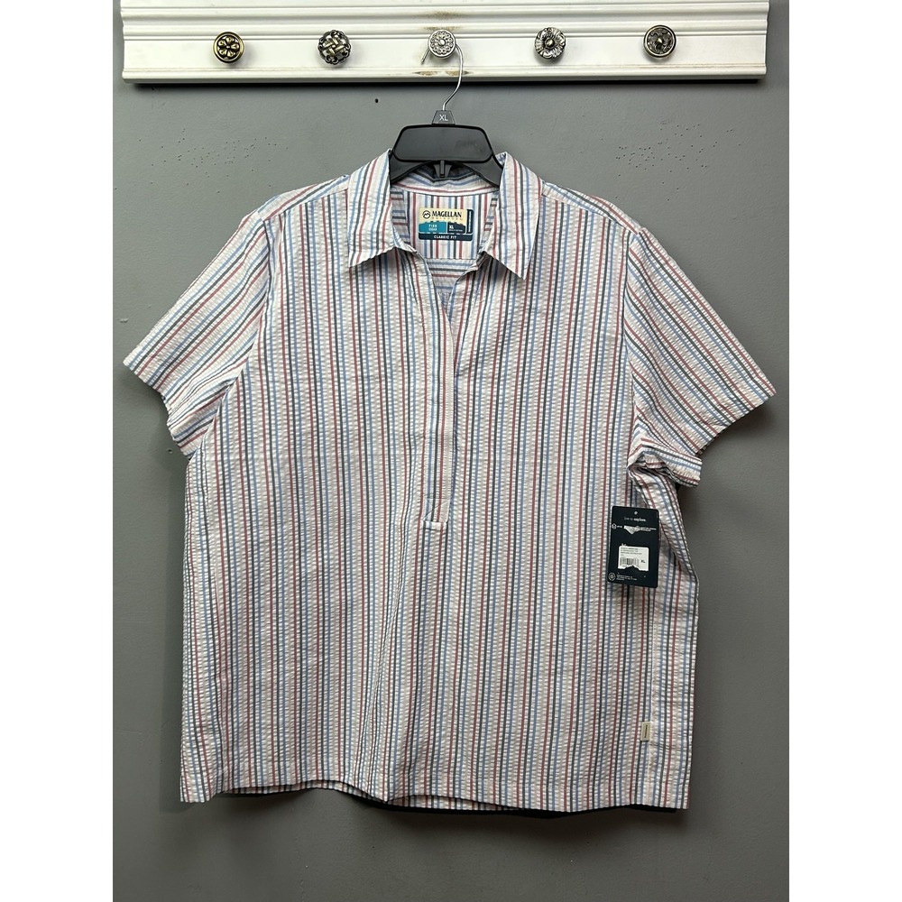 Magellan Outdoors Shirt Womens XL White Striped Short Sleeve Button Popover NEW